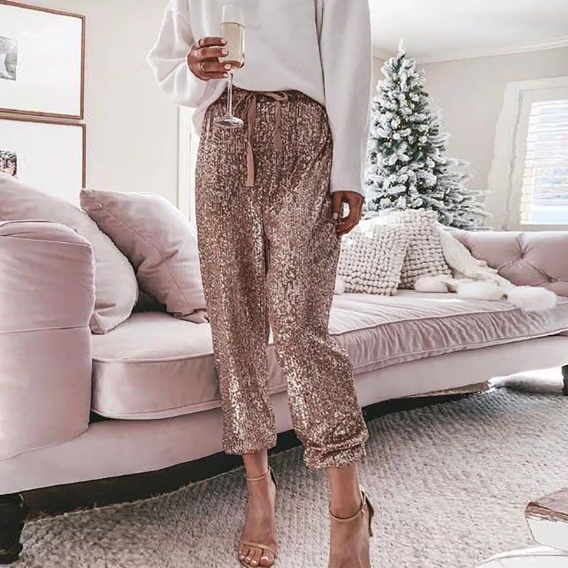 High waist drawstring fashion sequined casual pants