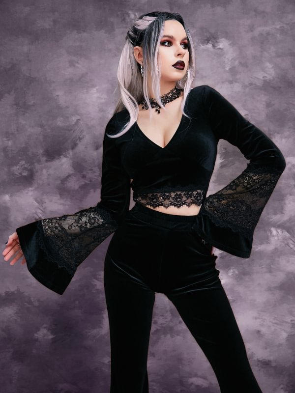 Goth Velvet Lace Paneled Long Bell Sleeve Crop Top