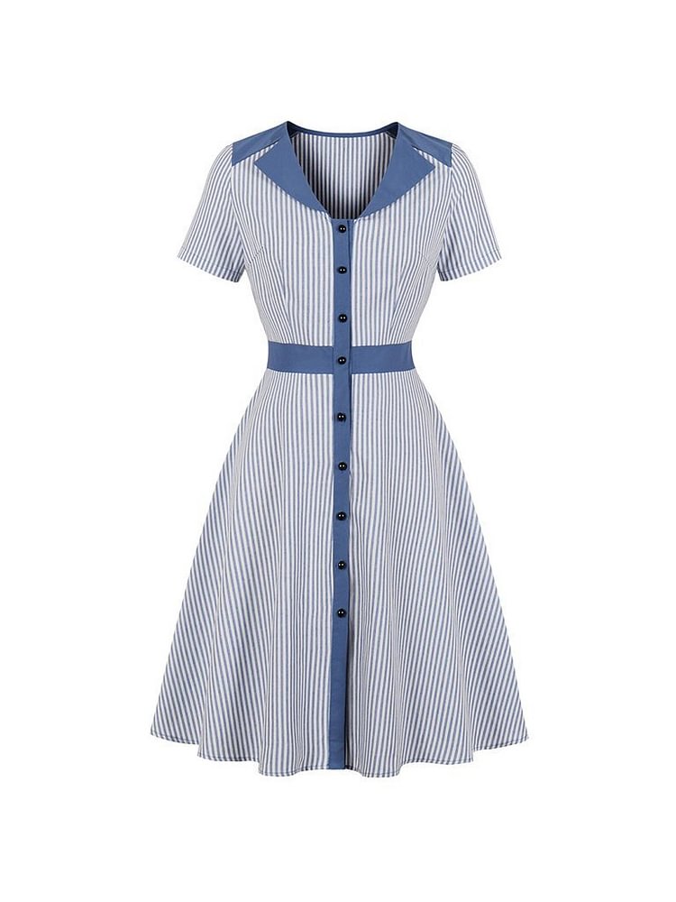 Mayoulove Vintage Dress Pinstripe Short Sleeve Dress-Mayoulove