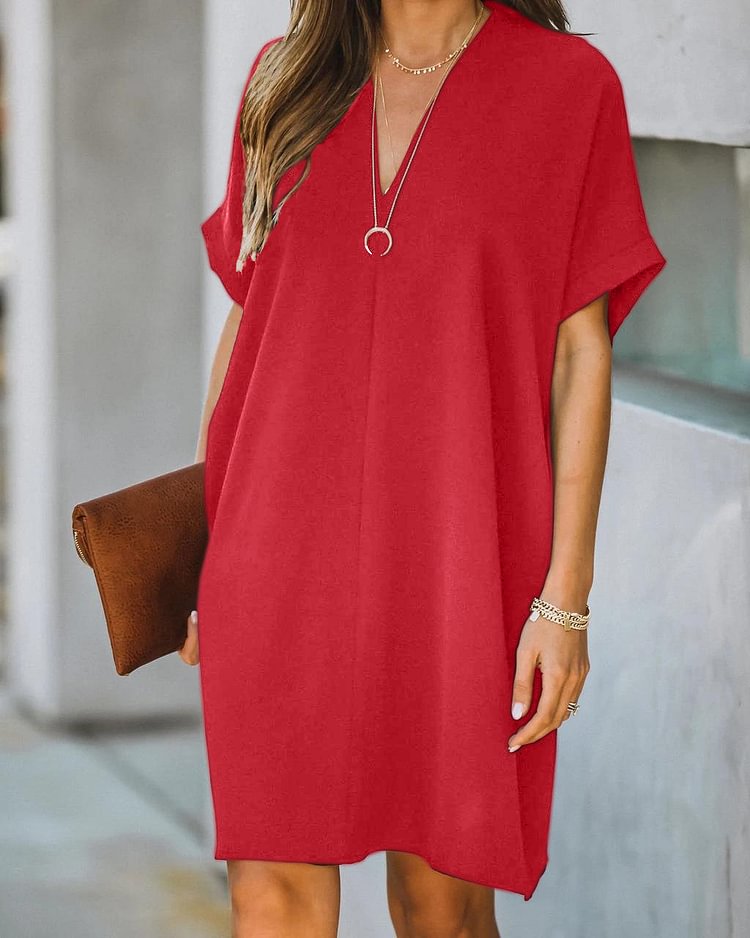 V-neck short-sleeved solid color loose dress