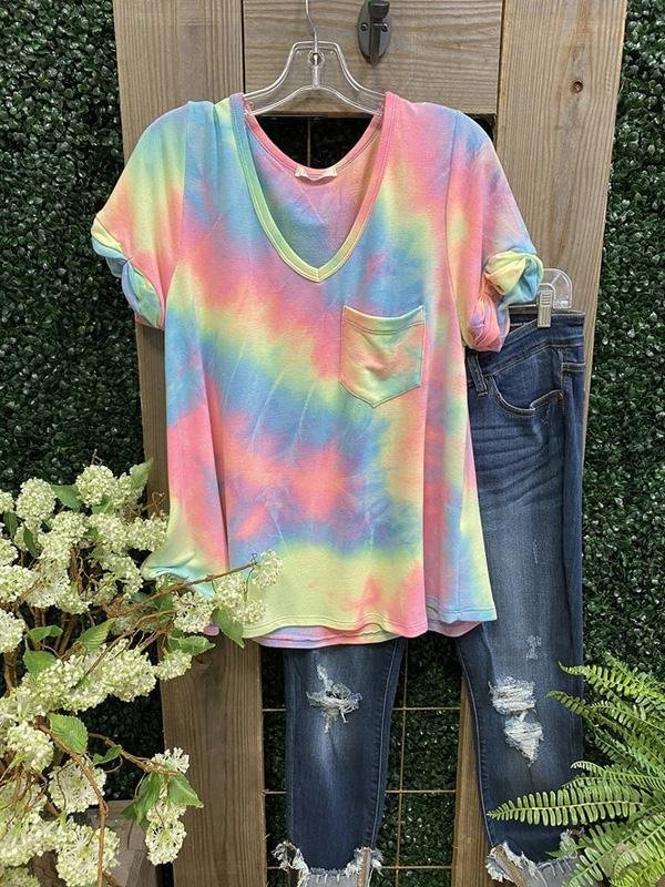 Multicolor Casual V Neck Ombre/tie-Dye Cotton Shirts & Tops-Mayoulove