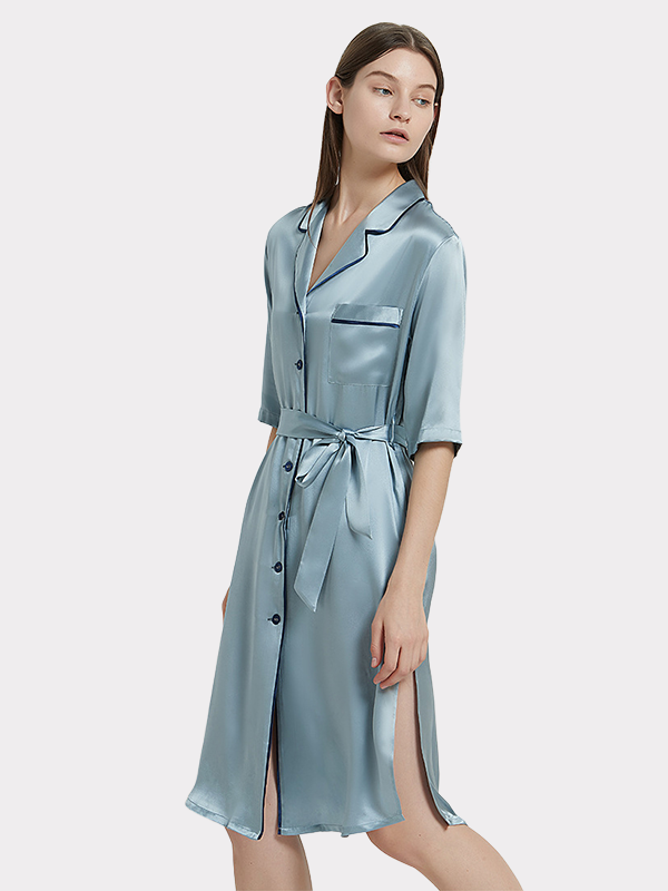 High Quality Blue Classic Elegant Long Silk Nightgown