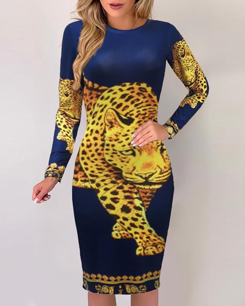 Tiger Print Long Sleeve Midi Dress-Corachic