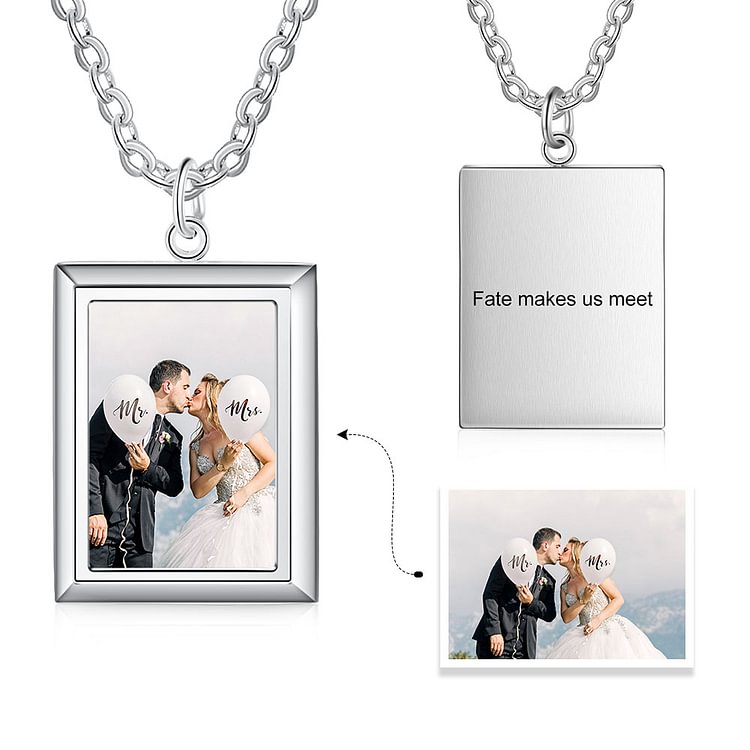 Engraved Square Dog Tag Picture Necklace Silver, Custom Necklace with Picture and Text