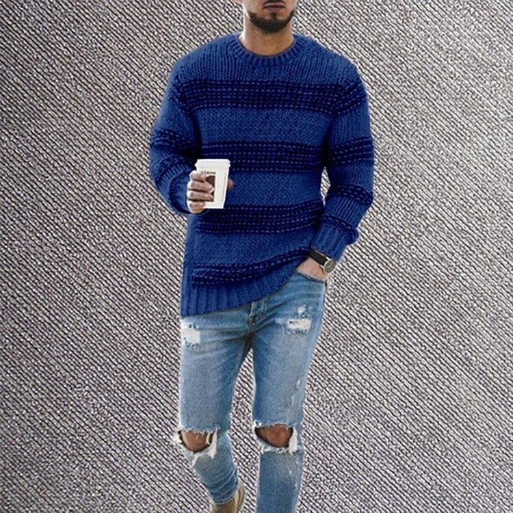 Men's Round Neck Casual Striped Knitted Pullover Sweaters