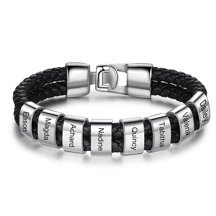 8 Names-Personalized Mens Leather Bracelet with Name Beads