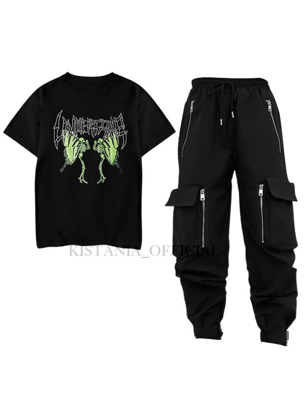 Gothic Punk Skull Butterfly Printed Oversized Tee + Pockets Decorated Zipper Belt Drawstring Industrial Pants 2 Pieces Sets