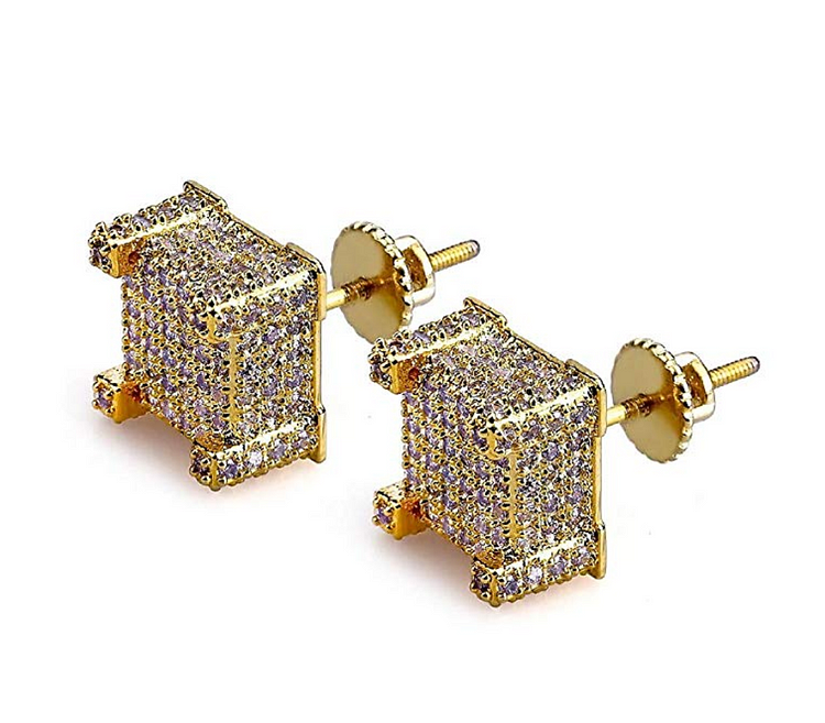 10MM 14K Gold Plated Iced Out Square Cubic Zirconia Men Earrings 