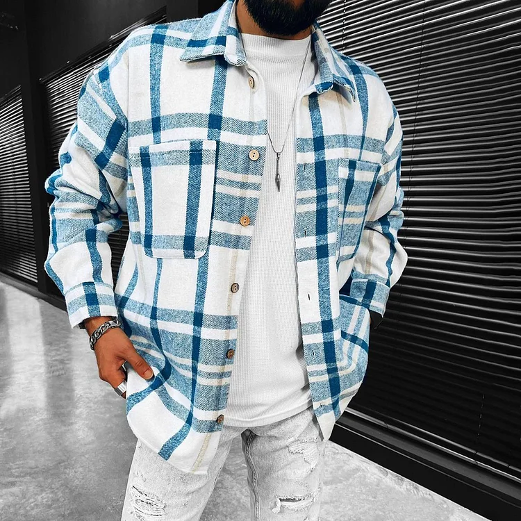 BrosWear Vintage Blue and White Plaid Shirt Jacket light blue