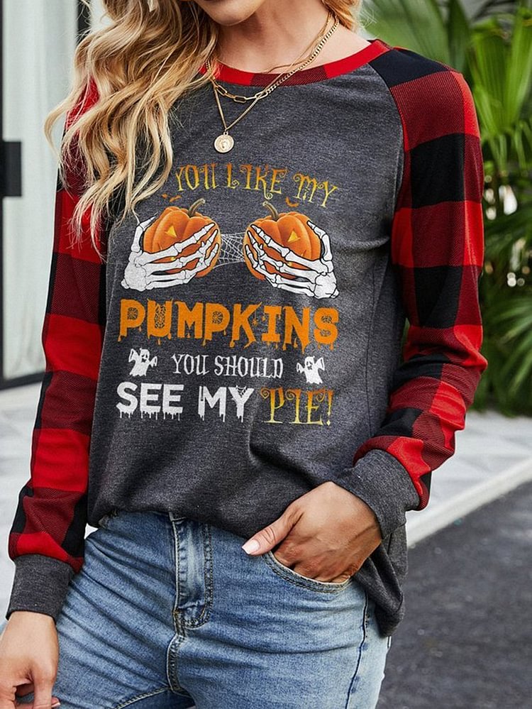 Round Neck Long Sleeve Plaid Fun Halloween Print Women's Sweatshirt-Mayoulove