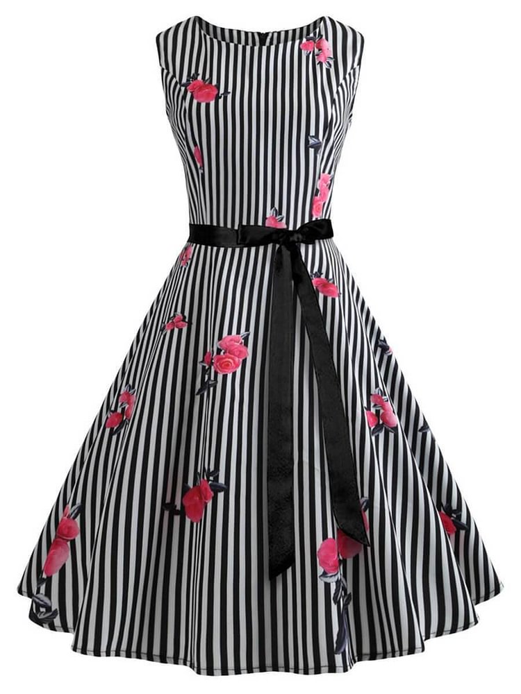 Mayoulove Retro Dress A-Line O-Neck Sleeveless Polyester Audrey Hepburn Dress-Mayoulove