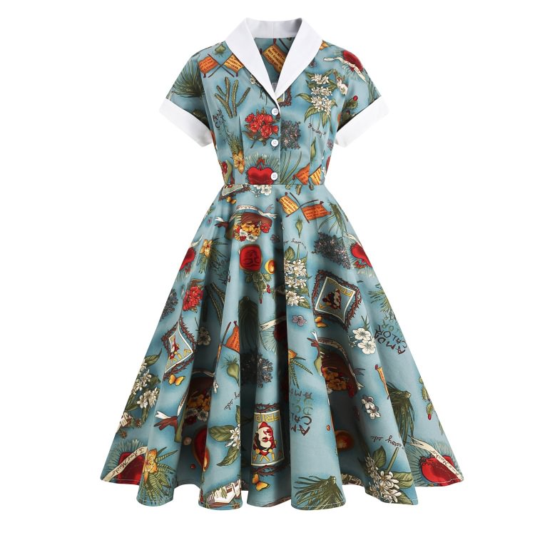 Mayoulove Vintage Hepburn's Dress V Neck Button Down Colorblock Swing Floral Dresses-Mayoulove