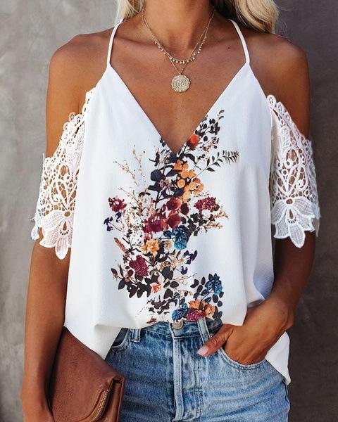 Lace V-neck Open Back Floral Print Top-Mayoulove