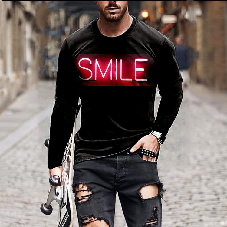 BrosWear Casual Neon Smile Long Sleeve T-Shirt