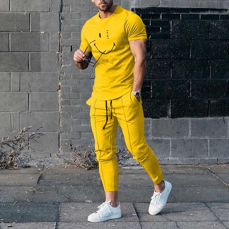 BrosWear Casual Yellow Smile T-Shirt And Pants Two Piece Set