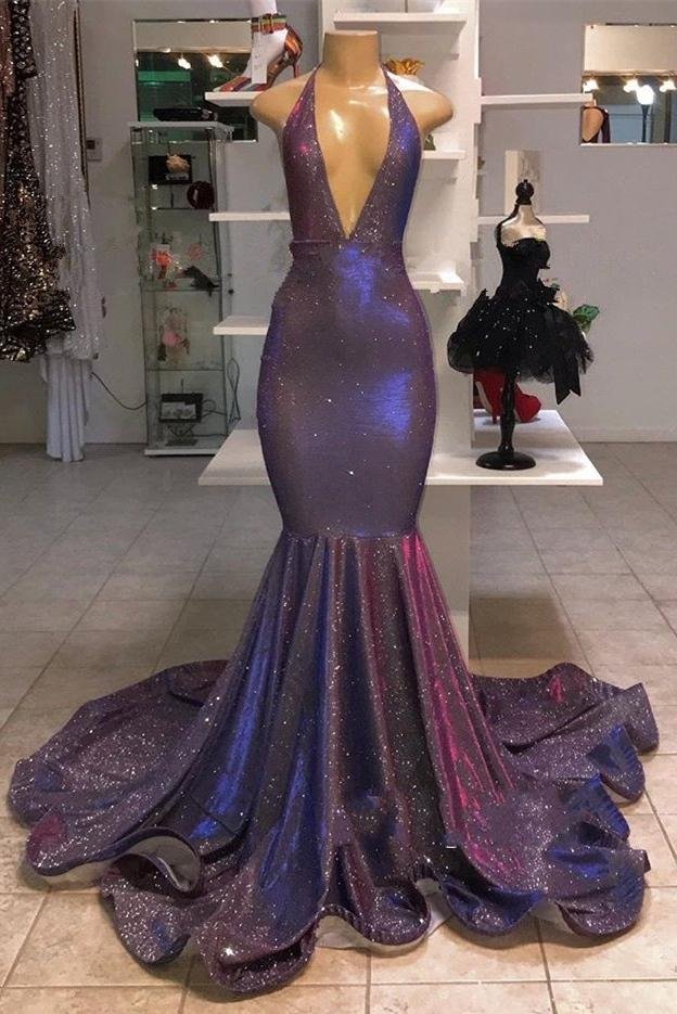 Luluslly Deep V-Neck Mermaid Sequins Prom Dress Long Party Gowns