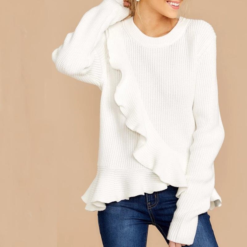 Solid Color Ruffled Sweater for Autumn and Winter-Corachic