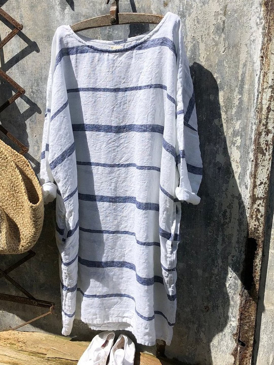 Women Summer Loose Stripe Soft Linen Dresses