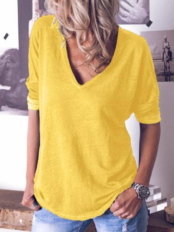 Long Sleeve V-neck Loose Solid Color T-Shirt Top
