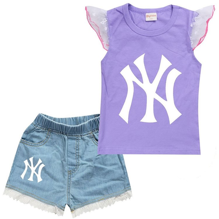 New York Yankees Print Girls Summer Tank Top Denim Shorts Suit Sets-Mayoulove