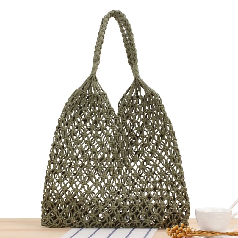 Cotton rope mesh pocket hand-woven straw tote bag