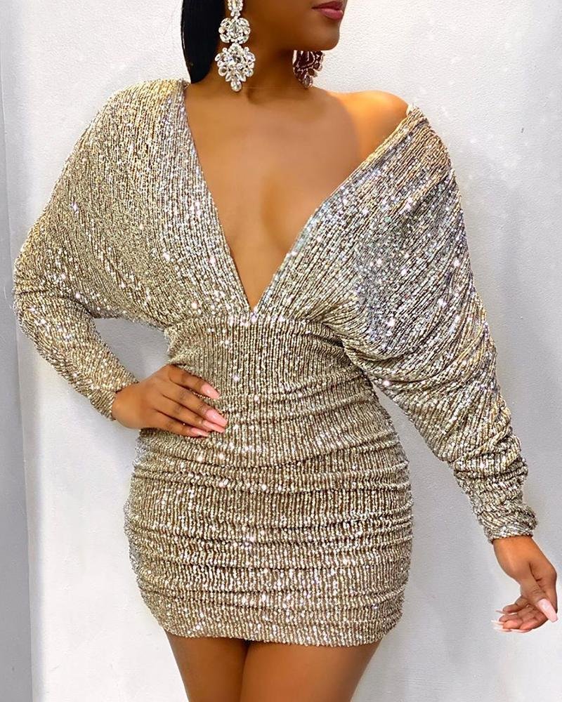 Ruched V-Neck Backless Bodycon Sequin Dress P14461