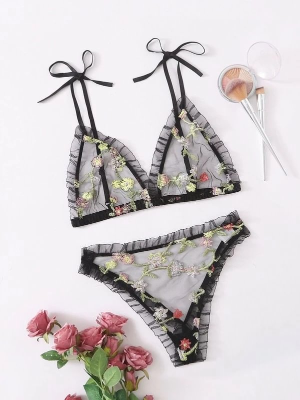Floral Embroidery Mesh Lingerie Set-Icossi