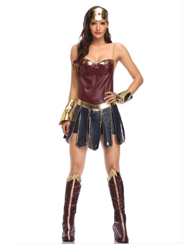 Halloween Festival Costumes Warrior Cosplay PU Dress Spaghetti Strapless Dress Stage Clothing