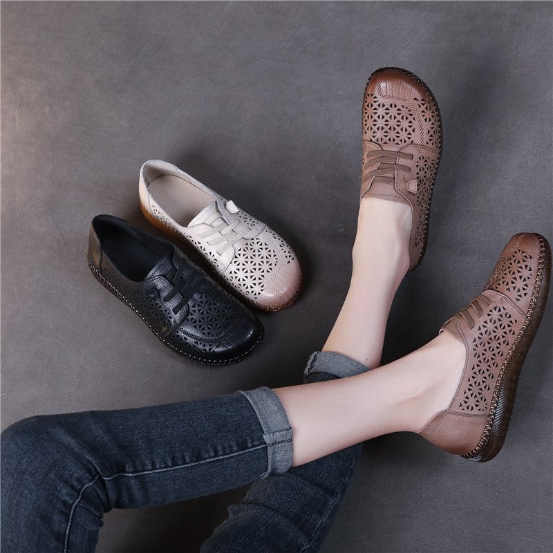 Hollow Embroidered Round Toe Hand Sewn Shoes