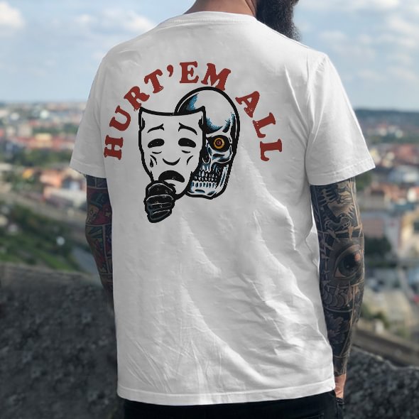 Hurt ‘Em All Masked Skull Print Fashion White T-shirt - Krazyskull
