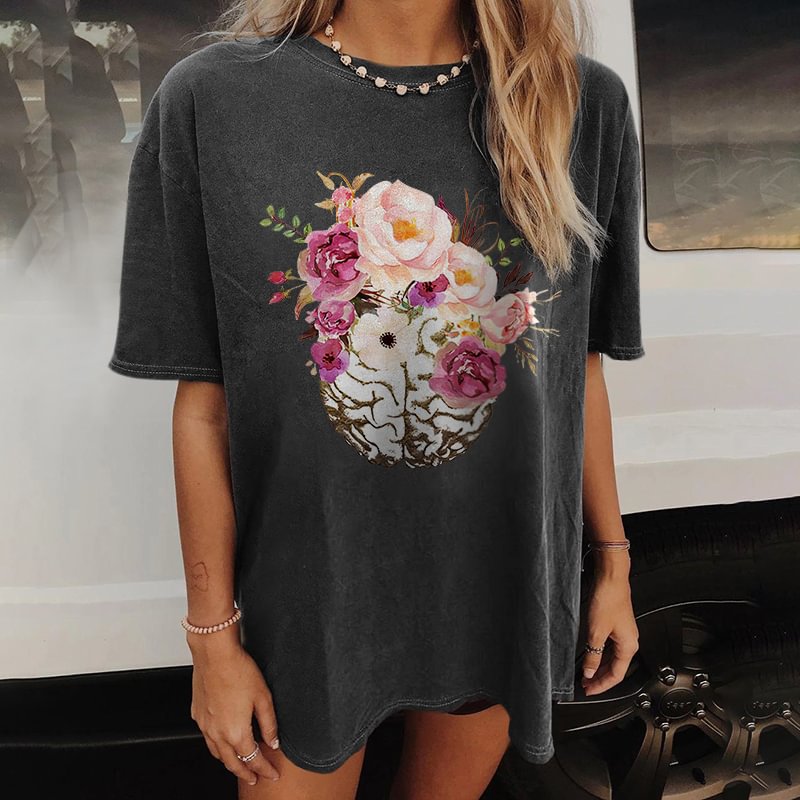   Beautiful flower brain print loose T-shirt designer - Neojana