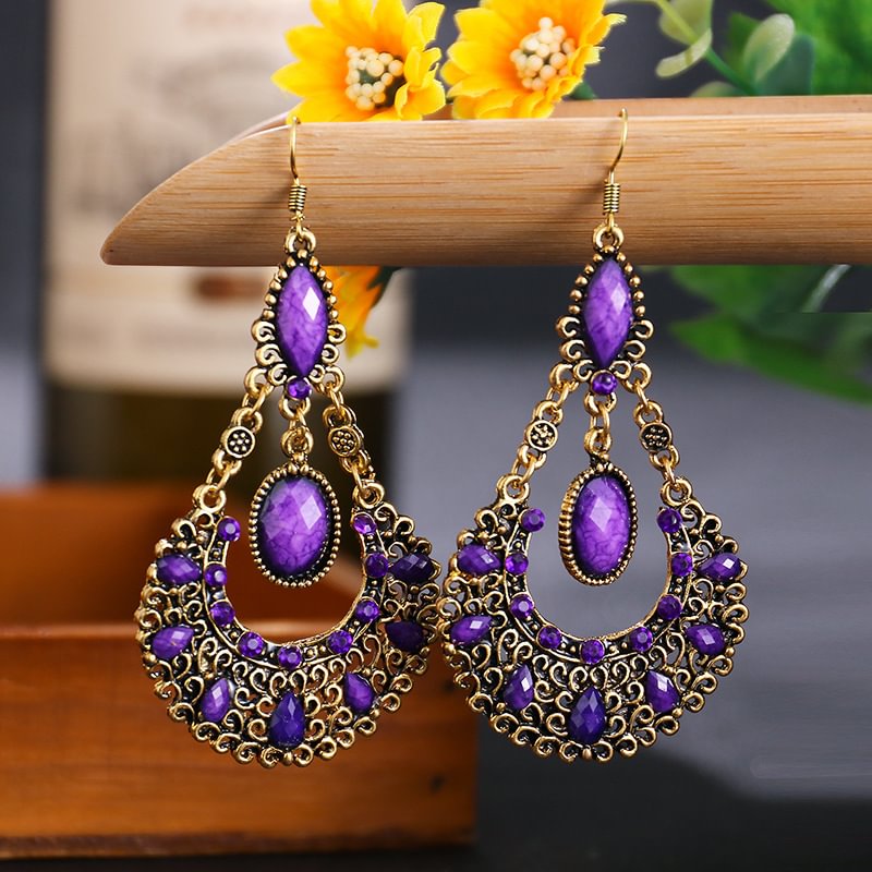 Vintage ethnic gem water-drop shape alloy ladies earrings