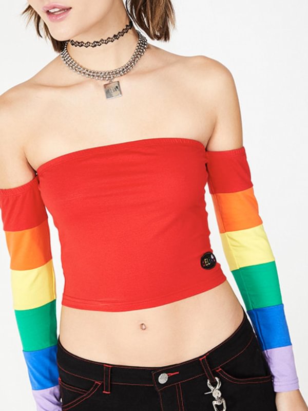 Y2K Sweet Printed Paneled Rainbow Stripes Off The Shoulder Long Sleeve Slim Midriff T-shirt