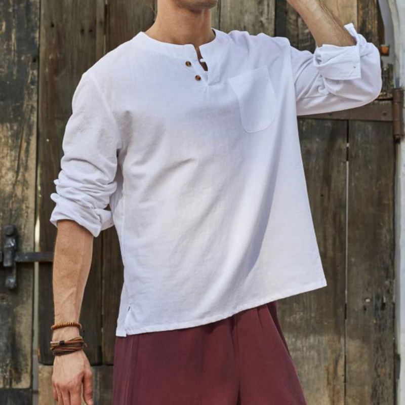 Men's Solid Casual V-Neck Long Sleeve Linen Henley Shirts-VESSFUL