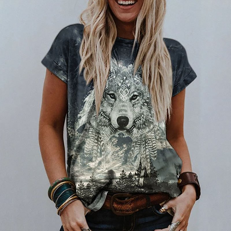 Women's wolf print short-sleeved graphic tees