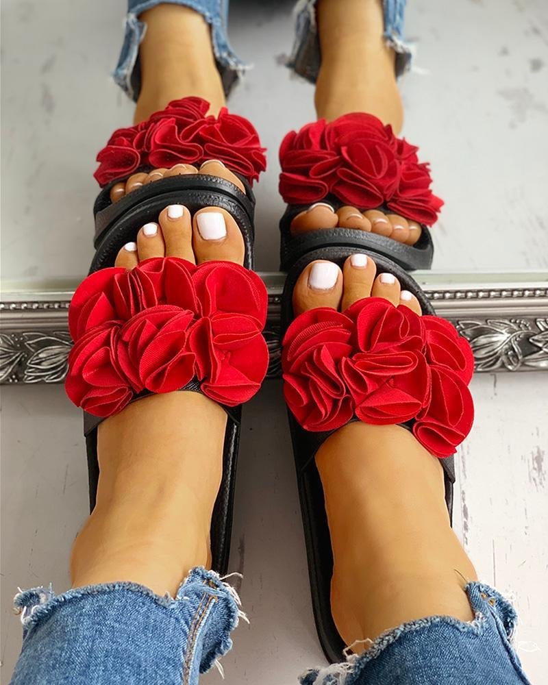 Women's Ruched Flower Embellished Flat Sandals-Allyzone-Allyzone