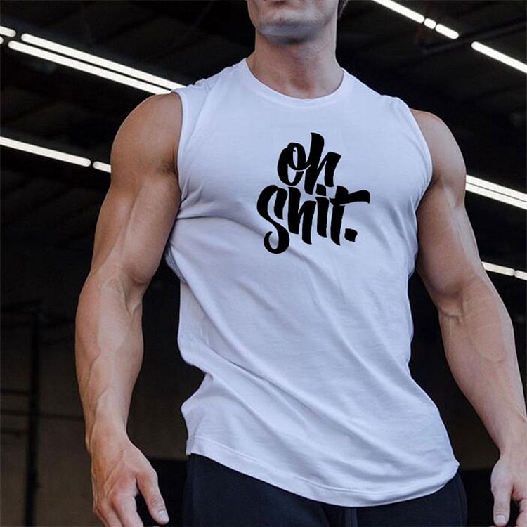 Letter OH SHIT Print Tank Tops Men Oversized Sleeveless Fitness Gym Tank Tops