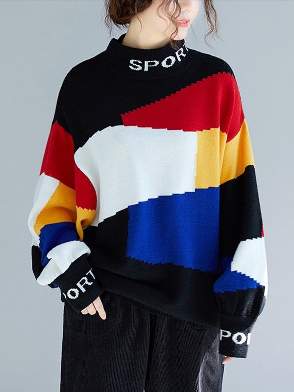 Loose Contrast Color High-Neck Knitting Sweater