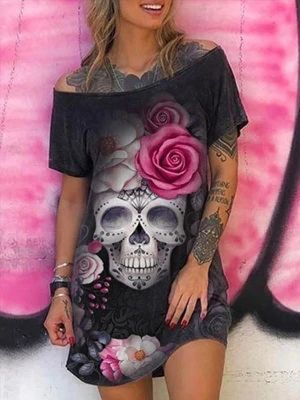 Skull Print Short-sleeved One-shoulder T-shirt And Skirt-Mayoulove