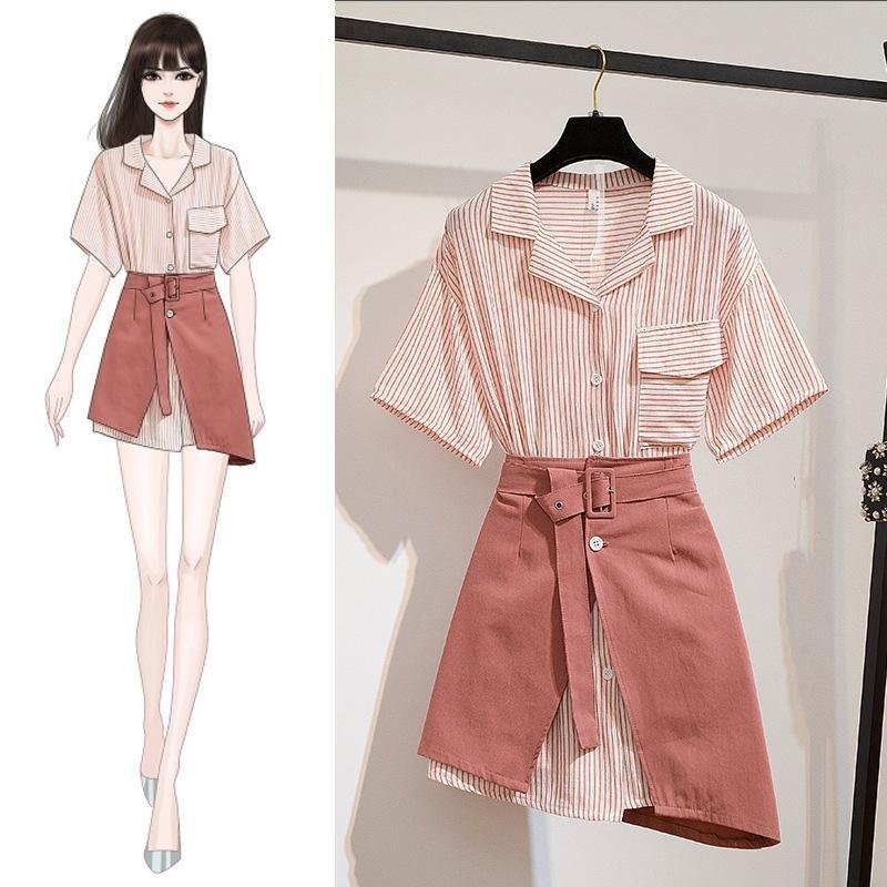 Fashion Stripe Blouse+Belt Skirt P11722