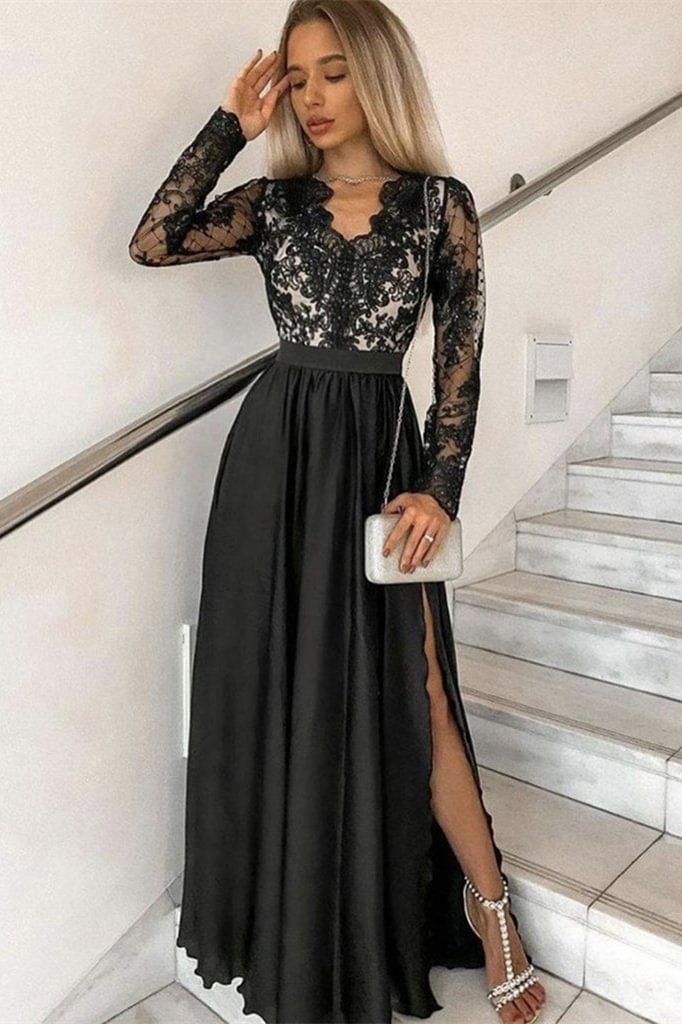 Luluslly Black Long Sleevs Split Prom Dress With Lace Appliques