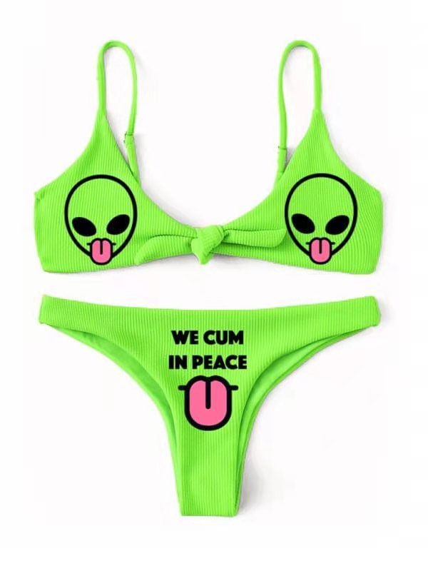 We Cum In Peace Skull Knot Spaghetti Straps Top Triangle Bottom Bikini Sets