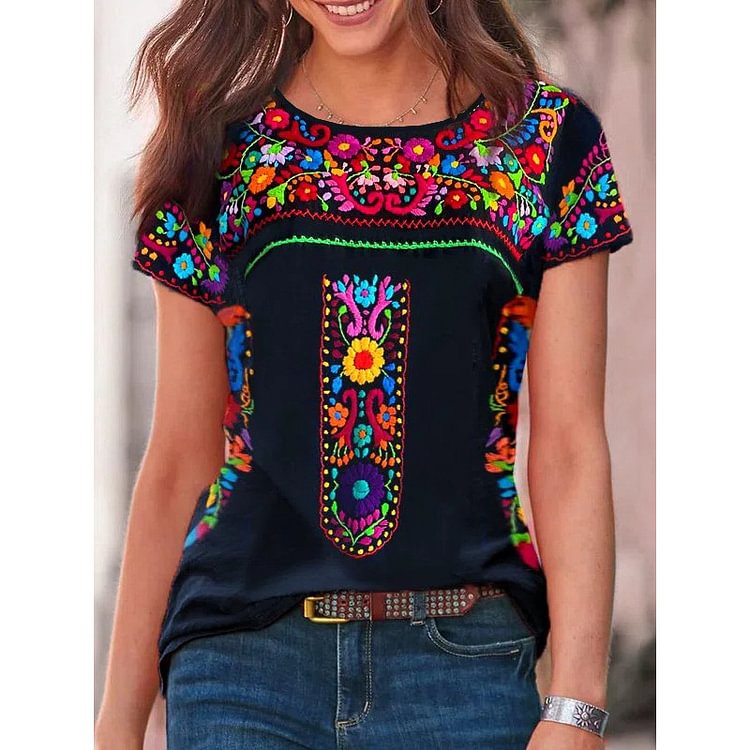Mexican T Shirt for Women Boho Floral Print Casual Tunic Tops