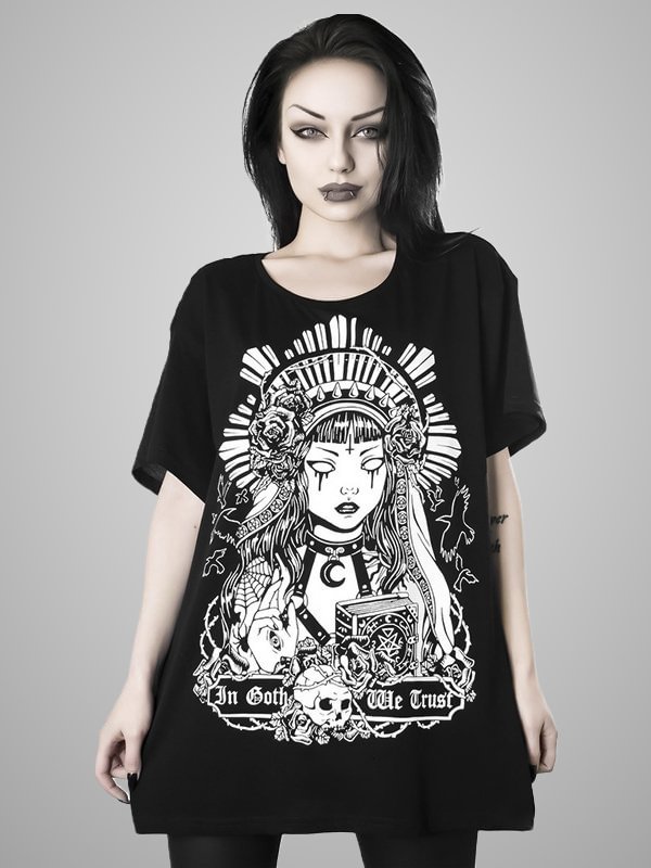 Dark Black Gothic Printing Short Sleeve Loose Fit Mini T-shirt Dress