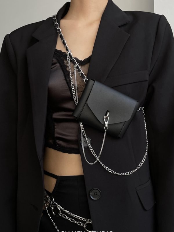 Statement Solid Color Punk Style Chain-trimmed Cross Body Bag