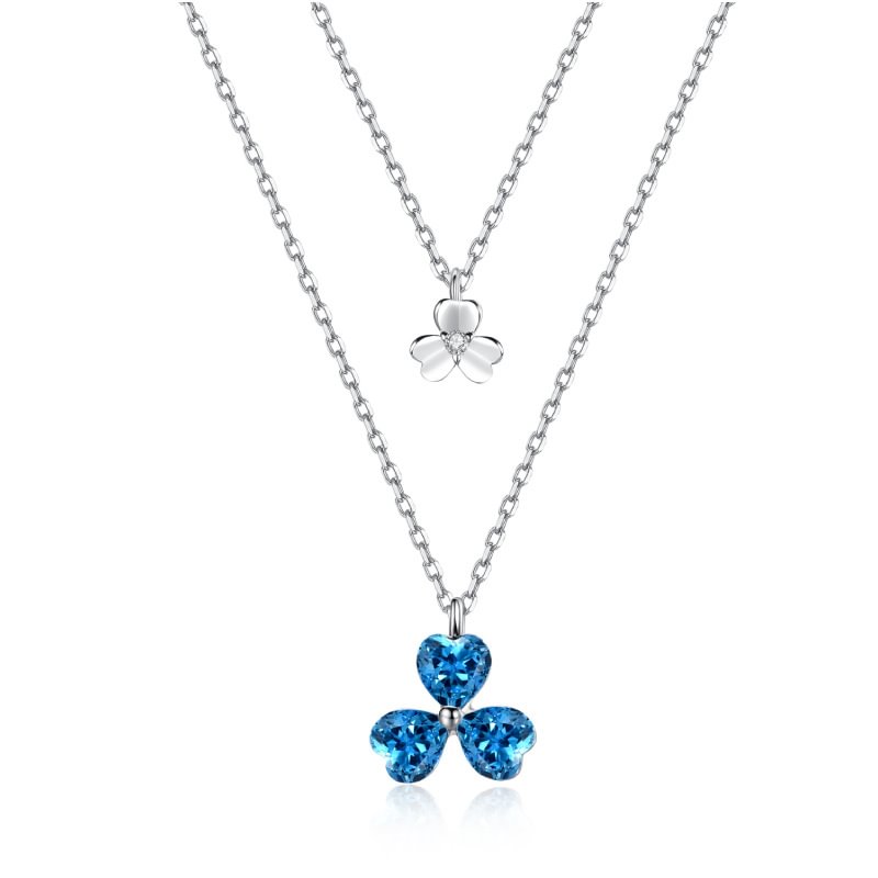 Silver Lucky Clover Blue Crystal Necklace