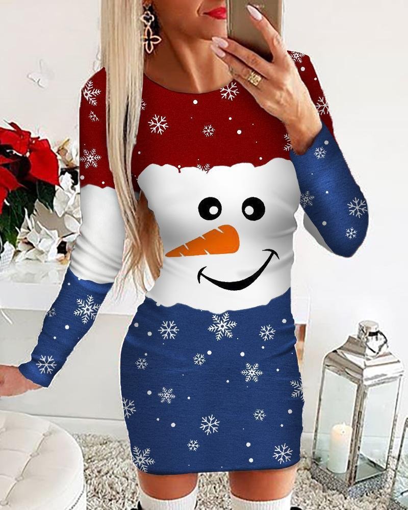 Christmas Snowman Print Long Sleeve Dress P10839