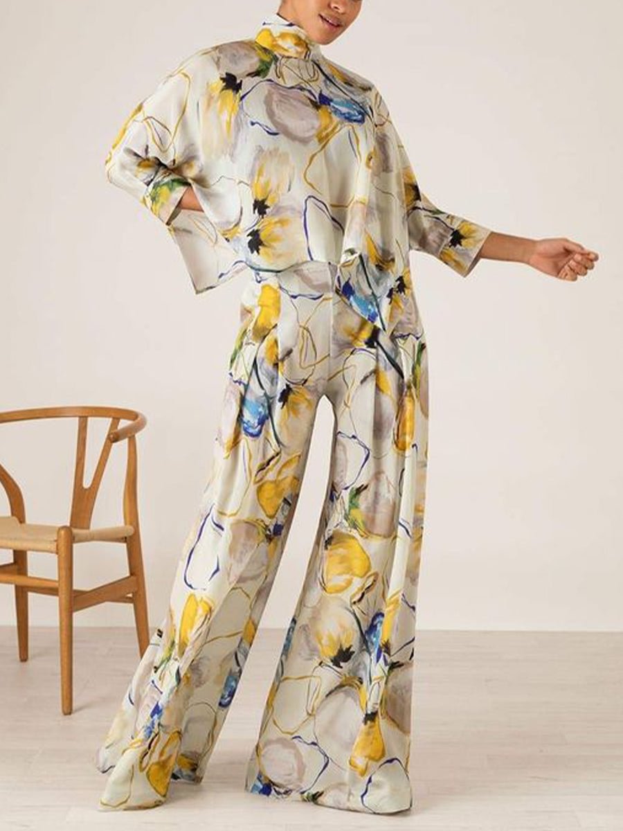 Line Style Flower Print Fashion Two-piece Suit