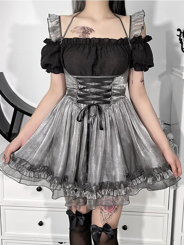 Dark Goth Lace Up Halter Layered Dress
