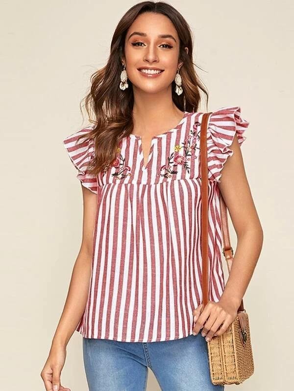 Women Ruffle Armhole Embroidered Floral Striped Smock Top-Corachic